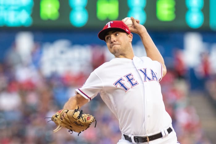 August 31, 2019; Arlington, TX, USA; Texas Rangers pitcher Brock Burke (70) throws a pitch against the Seattle Mariners at Globe Life Park in Arlington. Mandatory Credit: Timothy Flores-USA TODAY Sports